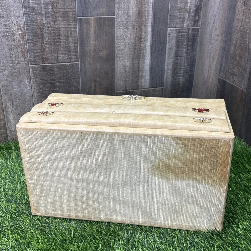 Vintage Buxton Art Deco Jewelry Box Chest Cream Burgundy Velvet 2 Drawer